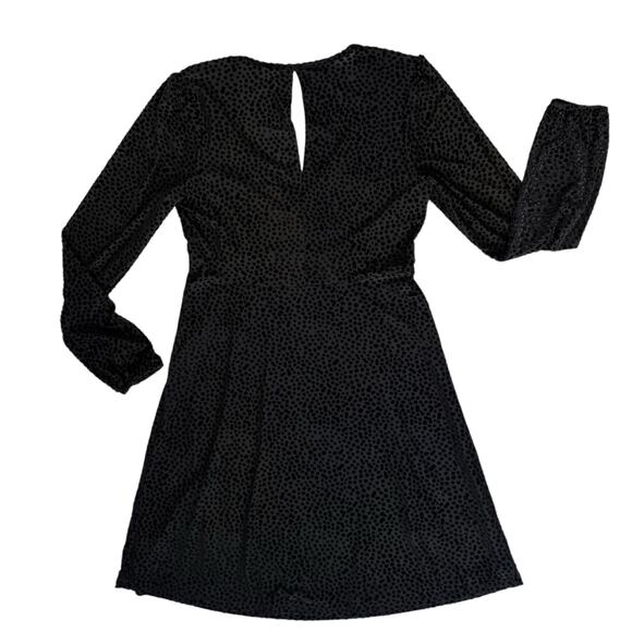 Fit & Flare Black Dress Small Faux Wrap Long Sleeves Burnout Velvet Polka Dot - Picture 5 of 15